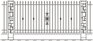 Кованое ограждение с пиками 4009. Прутья ограды украшены элементами корзинка кованым орнаментом в центре каждого пролета