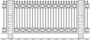 Кованое ограждение с пиками 4018. Вверху и внизу ограды горизонтальный орнамент из кованых элементов